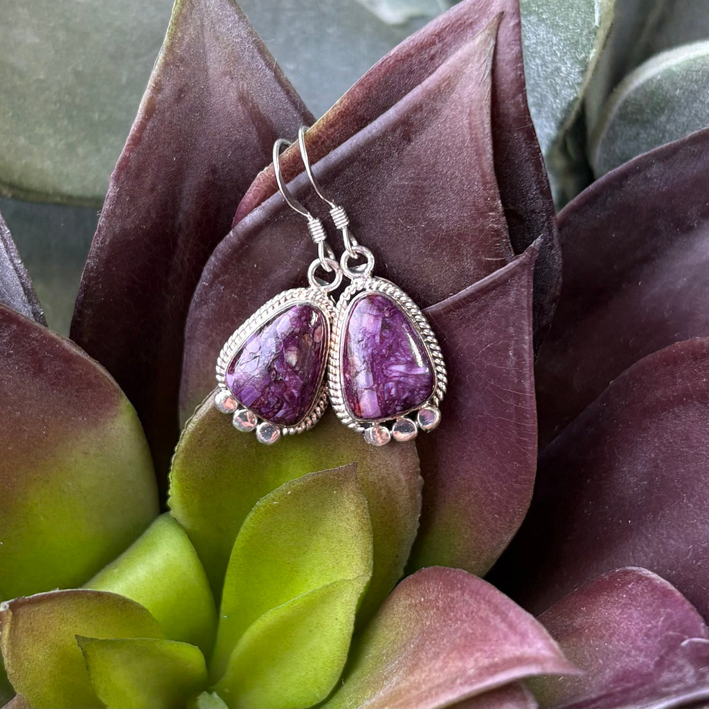 Close up view of "Calla" Purple Spiny Oyster Teardrop Earrings 