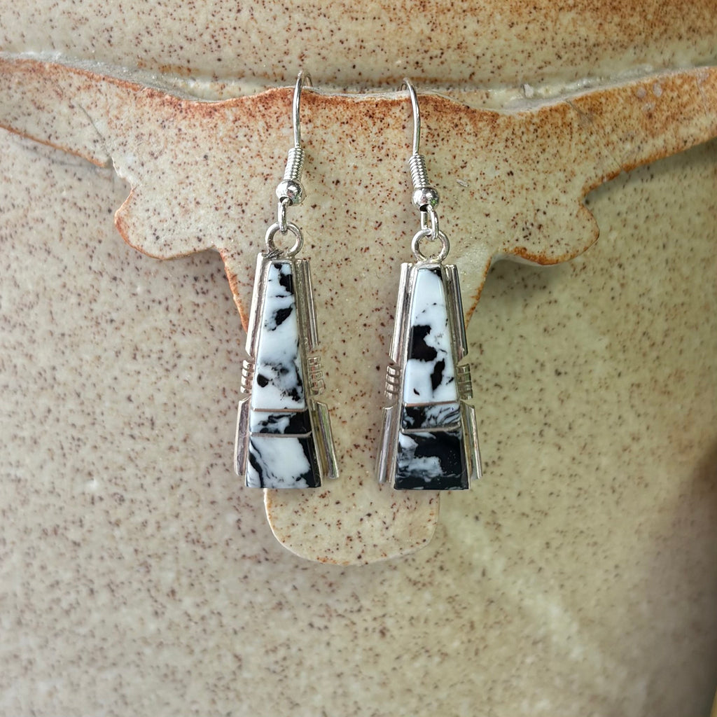 Close up view of "Myrtle" White Buffalo Long Triangle Earrings 