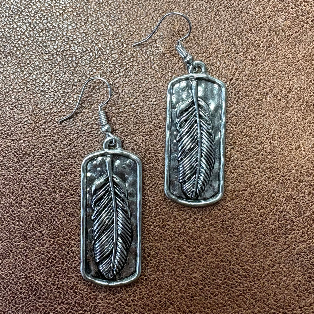 Silver Feather Rectangle Earrings 