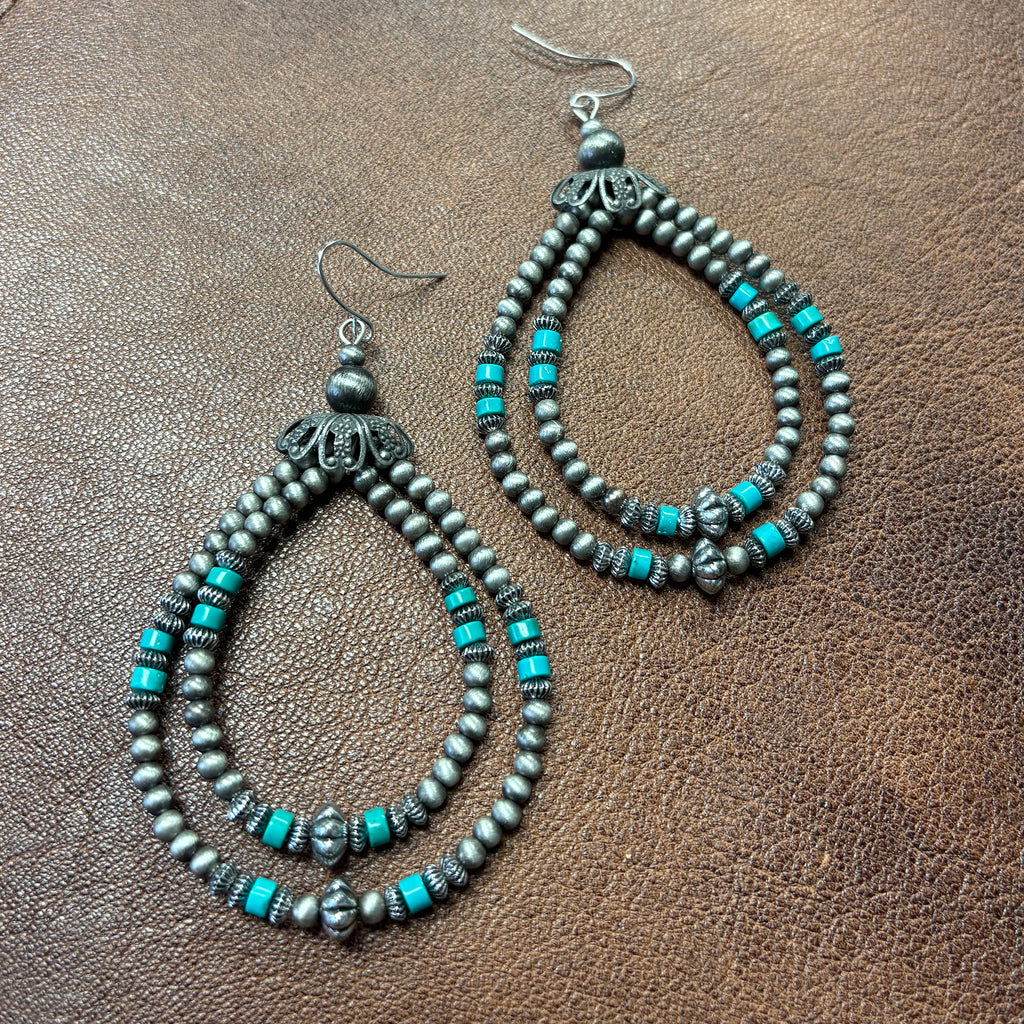 2 Strand Turquoise Beads & Navajo Pearl Hoops 