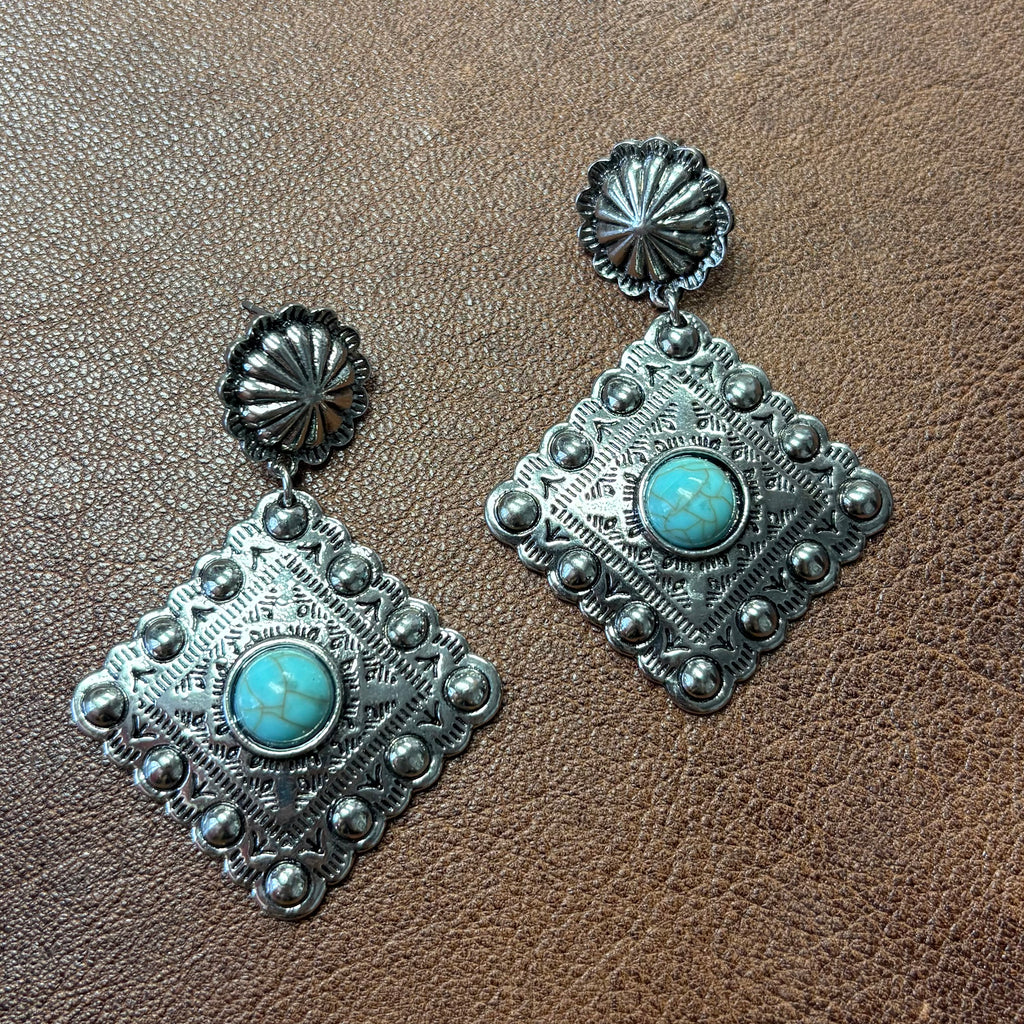 Large Silver Diamond Concho & Turquoise Earrings 