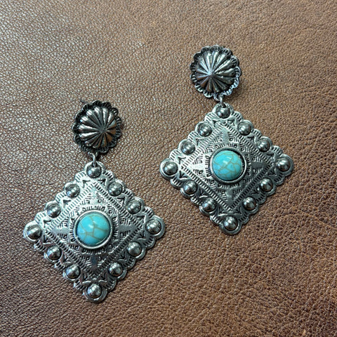 Large Silver Diamond Concho & Turquoise Earrings 