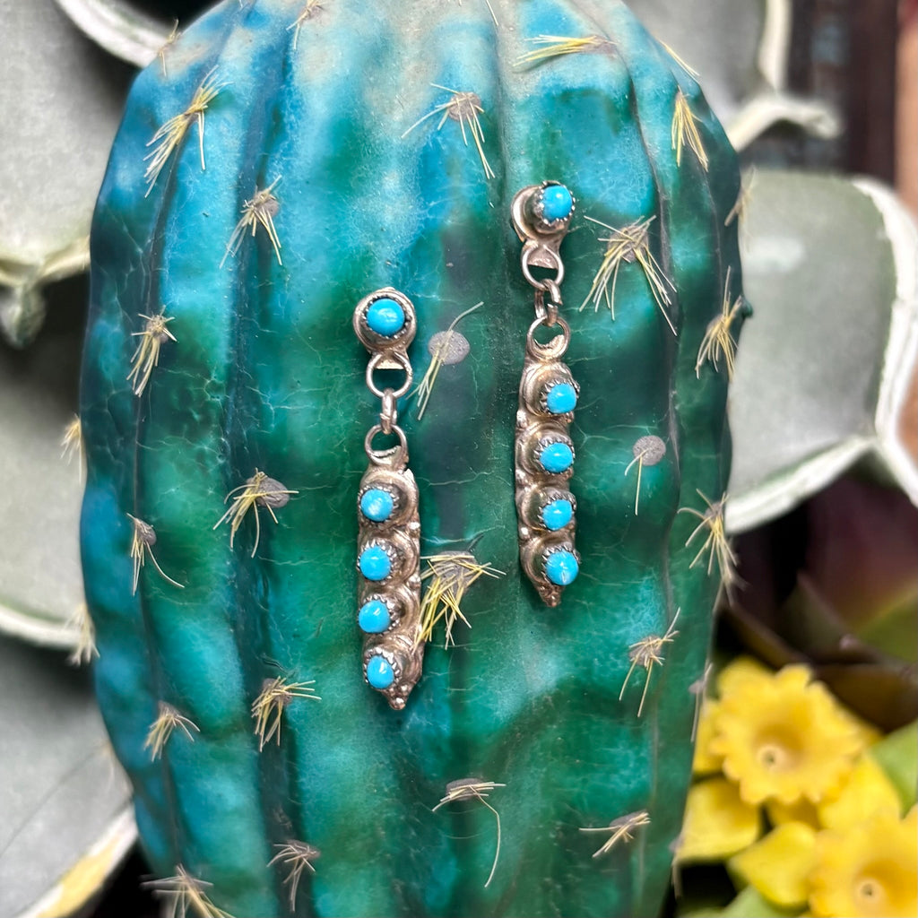 Close up view of "Tully" 5 Stone Dainty Turquoise Dangle Earrings 