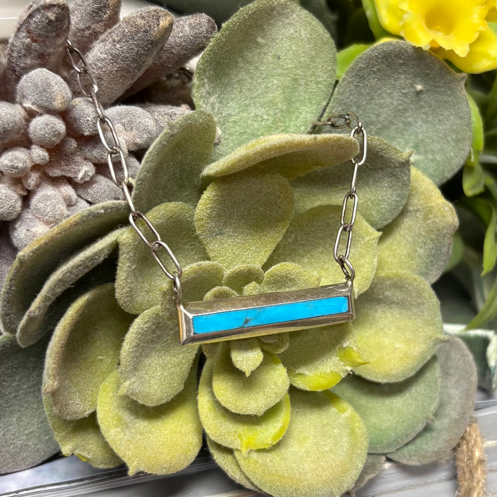 Close up view of "Nadia" Sterling Silver & Kingman Turquoise Bar Necklace 