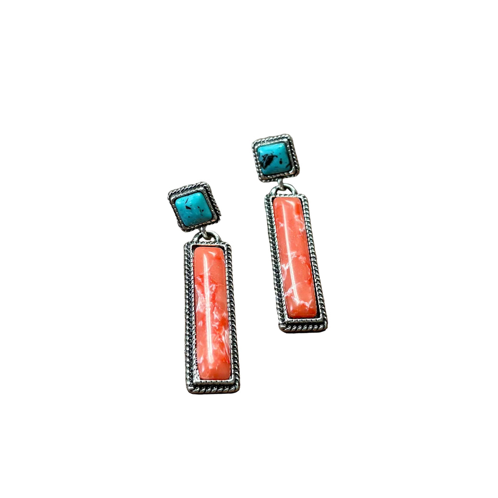 Full view of Coral Bar & Turquoise Square Post Earrings 