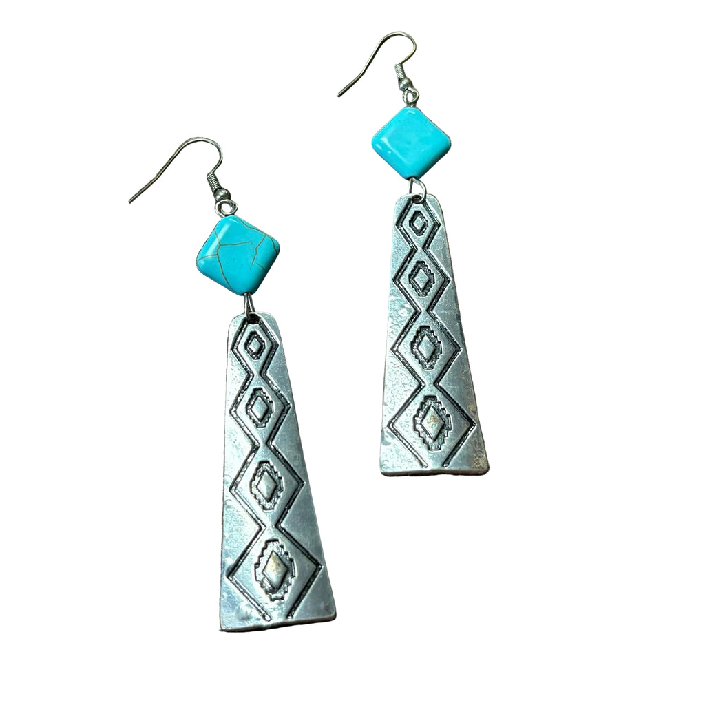 Full view of Long Turquoise Diamond Hammer Earrings 