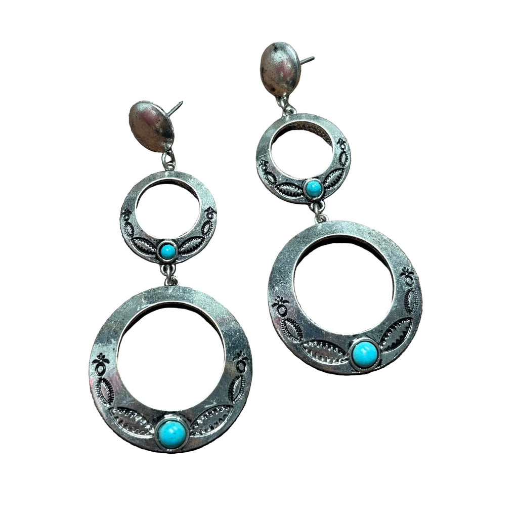 Close up view of 3 Tier Silver & Turquoise Dangle Earrings 