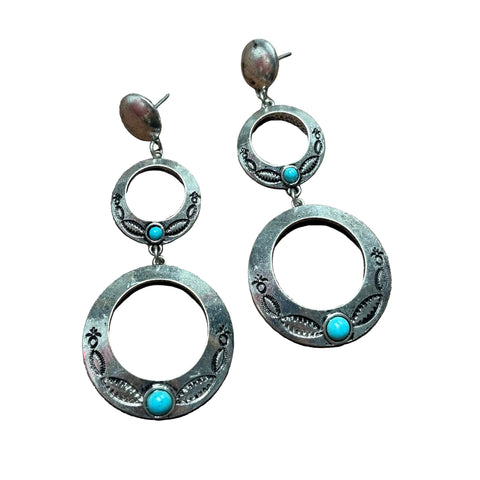 Close up view of 3 Tier Silver & Turquoise Dangle Earrings 
