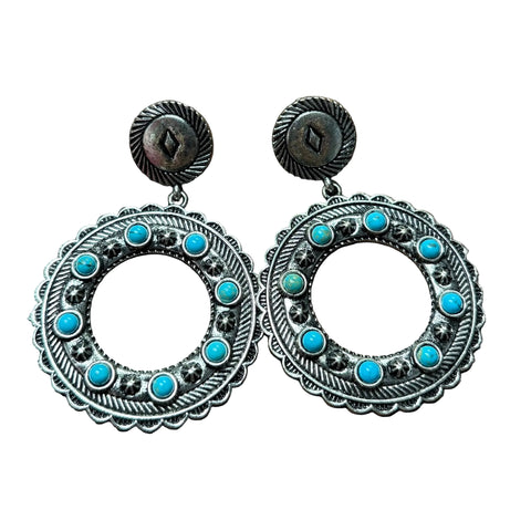 Close up view of Anitqued Silver & Turquoise Circle Dangle Earrings 
