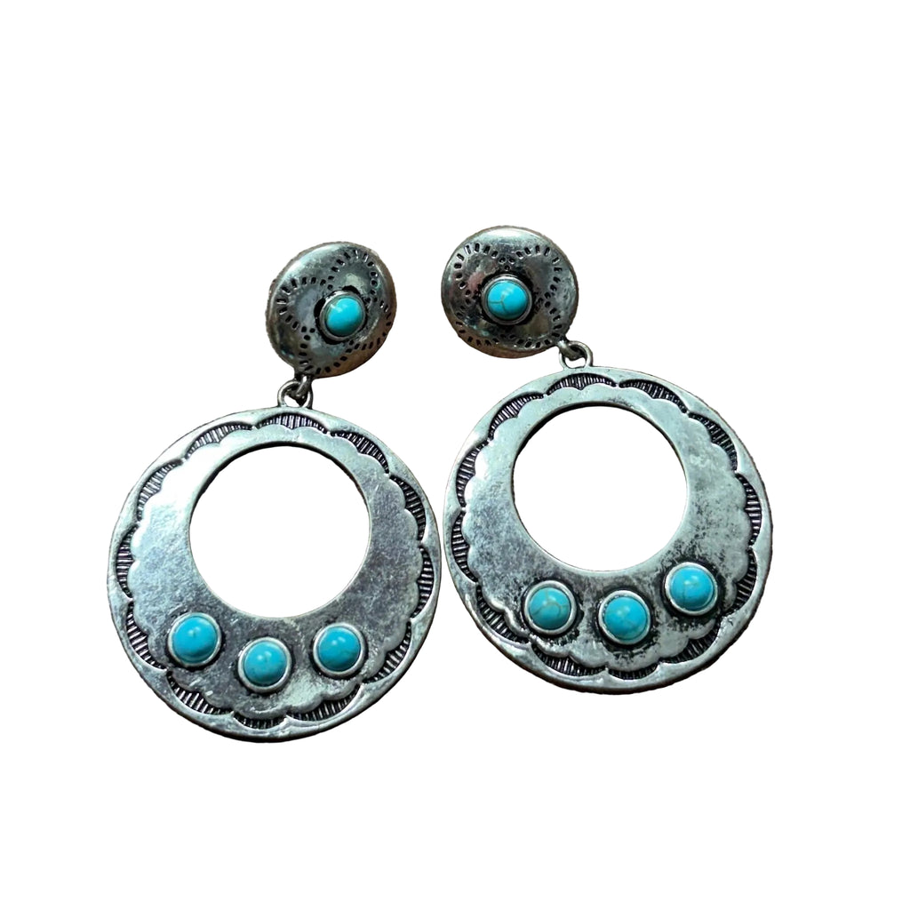 Close up view of Antiqued Silver Concho Dangle Earrings with 4 Turquoise Stones 