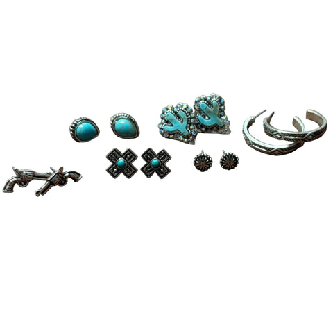 Full view of 6 Pack Western Turquoise & Silver Earring Set 