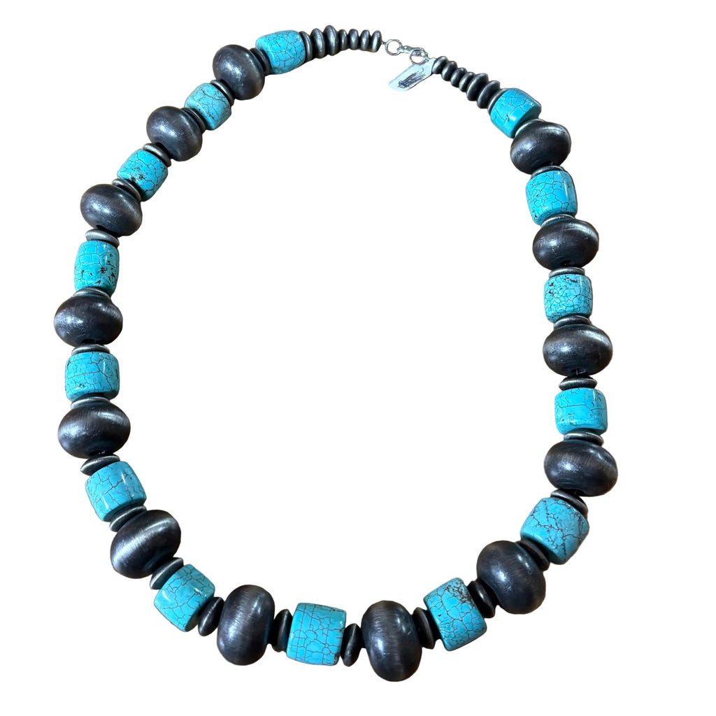 Full view of Chunky Turquoise Stone & Navajo Pearl Necklace 