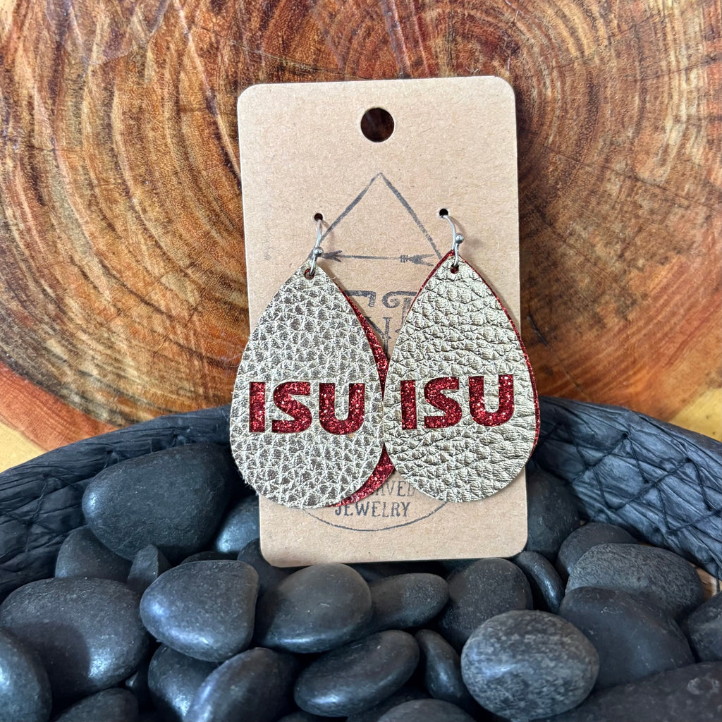 Close up view of Medium Engraved ISU Glitter Earrings 