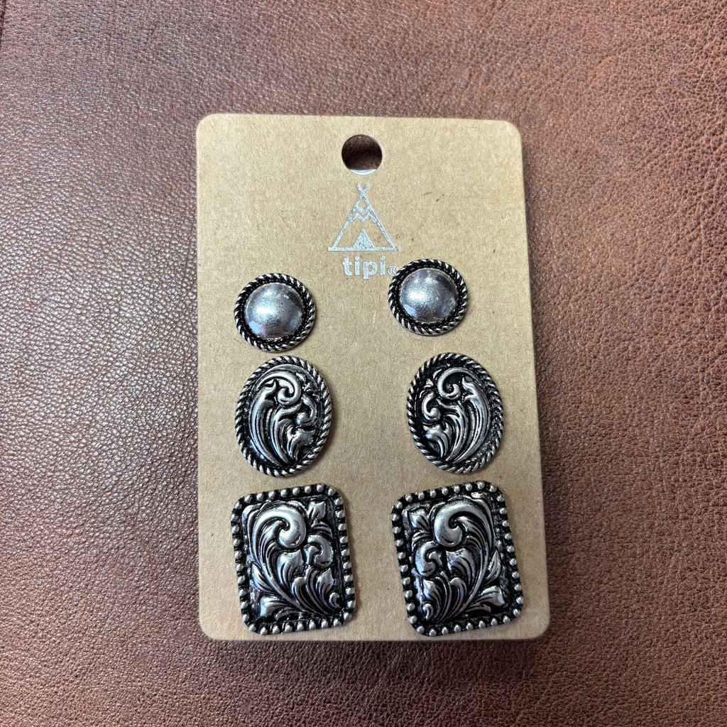 Close up view of Western Silver Floral 3 Piece Earring Set