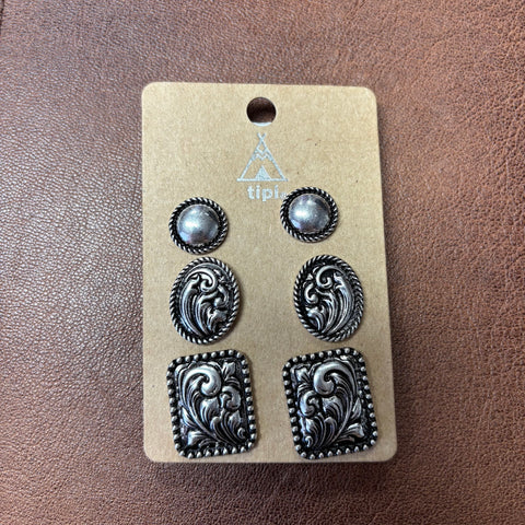Close up view of Western Silver Floral 3 Piece Earring Set
