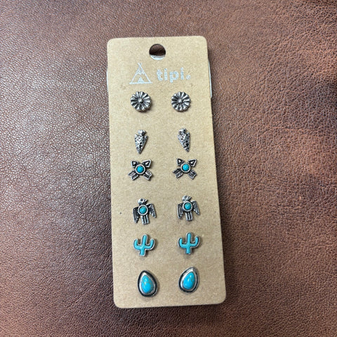 Close up view of Western Dainty Silver & Turquoise 6 Piece Earring Set