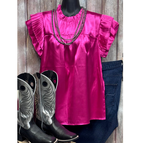 Hot pink satin finish ruffle sleeve top 