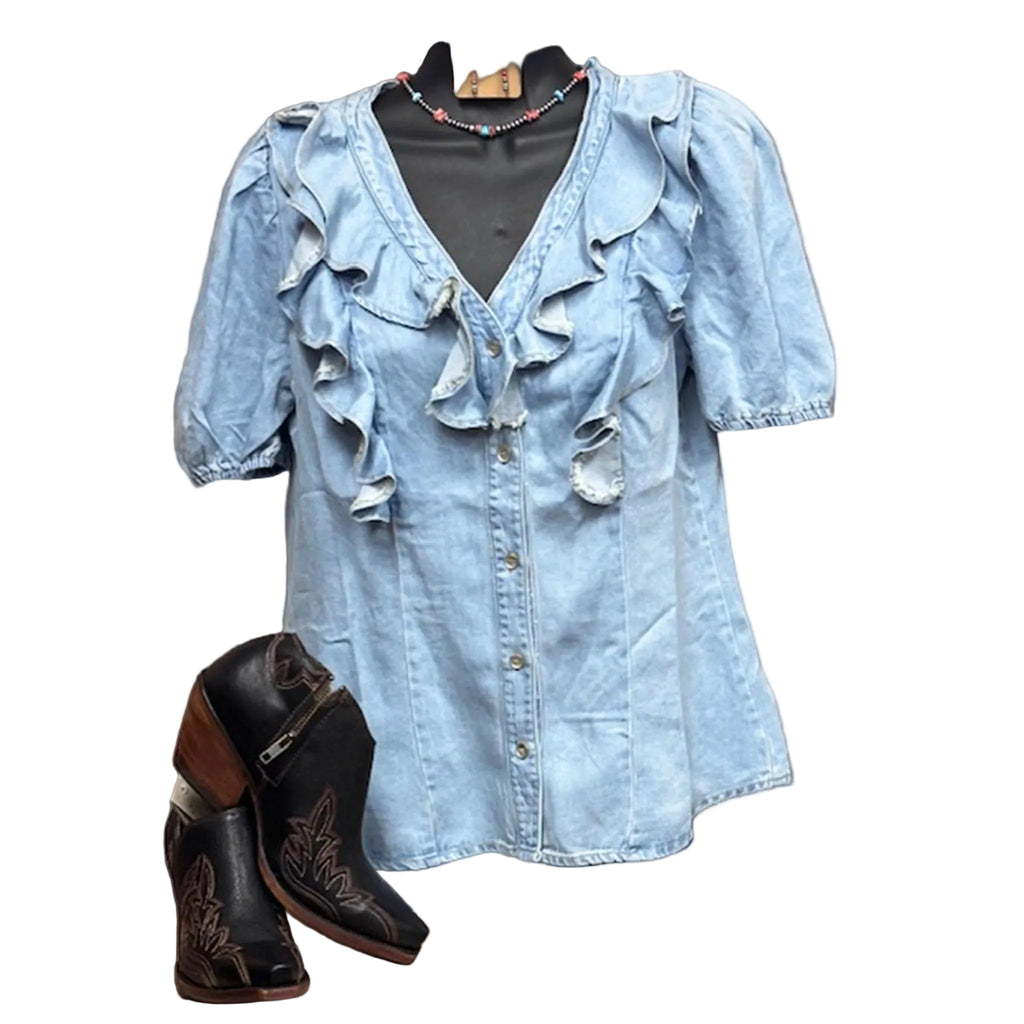 Women's Light Wash Ruffle Button Up Top