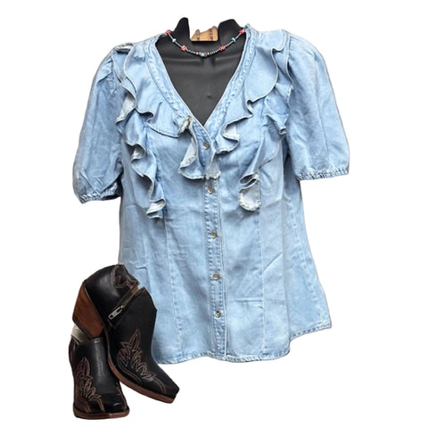 Women's Light Wash Ruffle Button Up Top