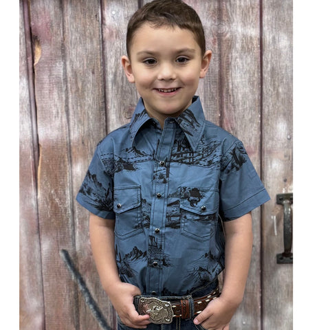 Boy wearing Blue Pearl Snap With Black Southwestern Graphics