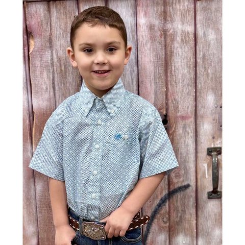 Boy wearing Blue and White Geo Print Button up Short Sleeve Shirt