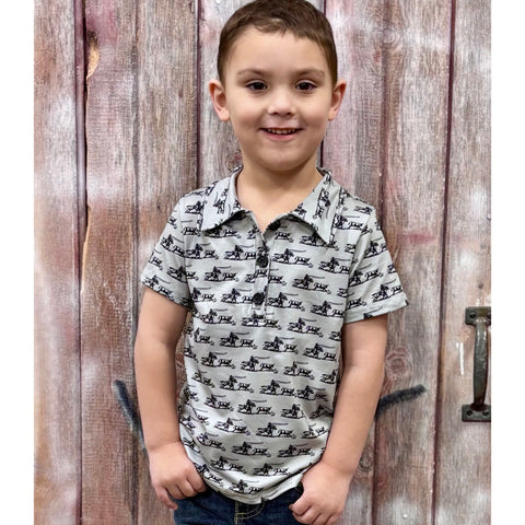 Boy Wearing Grey Polo with Riders Roping Graphic