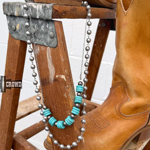 Two strand layered necklace with the shorter one having turquoise discs and faux pearls and the longer one having just faux pearls. 
