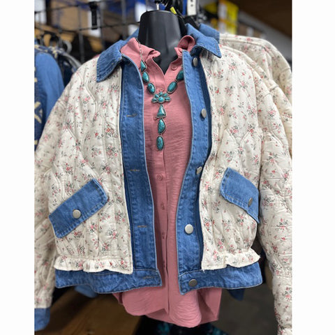 Cream floral jacket with denim trim accents