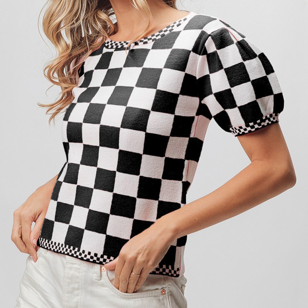 Black and Whie Checkered Puff Sleeve Sweater