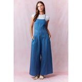 Square Neck Sleeveless Pleats Detail Medium Washed Denim Jumpsuit with Side Pockets