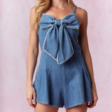 Women's Denim Front Bow Scalloped Trim Romper