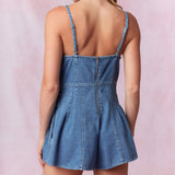 Women's Denim Front Bow Scalloped Trim Romper