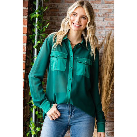 Hunter Green Sheer Long Sleeve Button Down Shirt with Two Chest Pockets