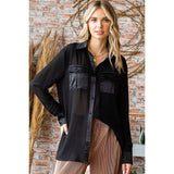 Black Sheer Long Sleeve Button Down Shirt with Two Chest Pockets