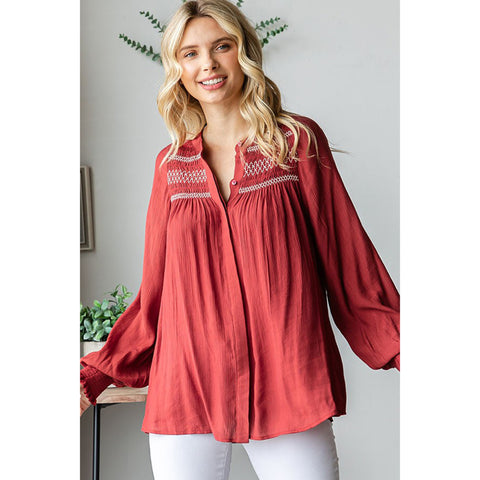 Brick Colored Wrinkled Smock with a Button Front Closure Embroidered Yoke