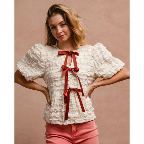 Cream Textured Short Sleeve Top with Three Rust Tie Bows