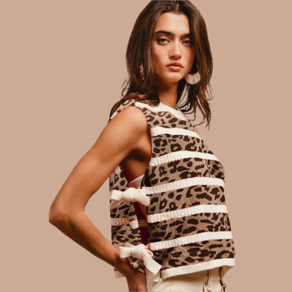 Leopard and Cream Striped Side Tied Sweater Vest