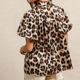 Leopard Print Shirring Yoke Puff Short Sleeve Shirt