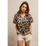 Leopard Print Shirring Yoke Puff Top