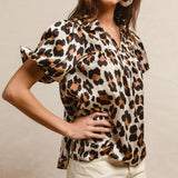 Leopard Print Shirring Yoke Puff Short Sleeve Shirt