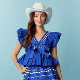 Blue Ric Rac Trim Detail Bubble Hem Crop Top