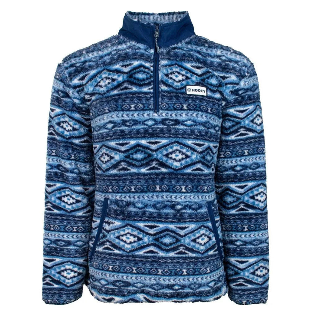 Blue Aztec print fleece pull over with a hoodie pocket and quarter length zipper. 