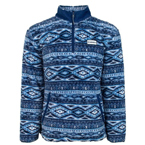 Blue Aztec print fleece pull over with a hoodie pocket and quarter length zipper. 