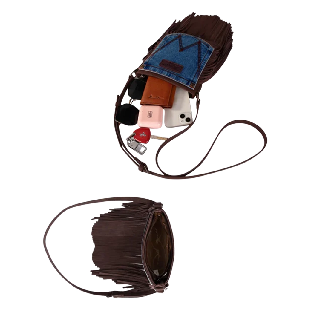 Montana West Wrangler Chocolate Fringe Denim Pocket Crossbody Montana West Wrangler Chocolate Fringe Denim Pocket Crossbody