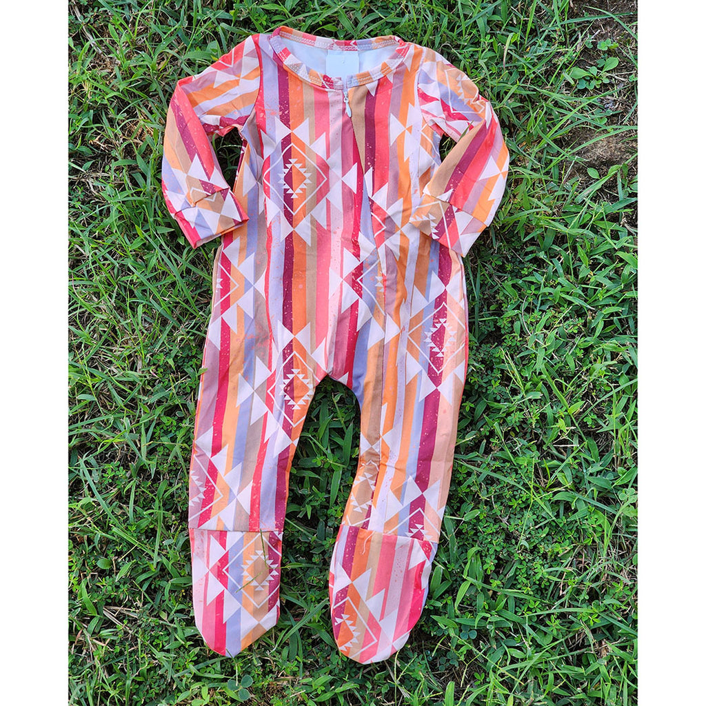 Full zip pajama, Aztec and strip print, footed 