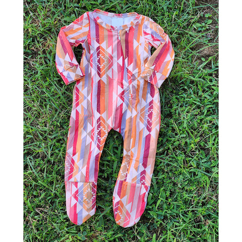 Full zip pajama, Aztec and strip print, footed 