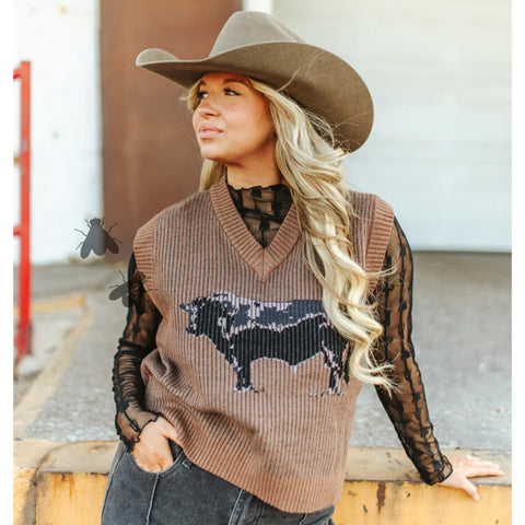 ribbed sweater vest with a black Angus bull on the front