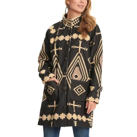 Fashion Express Women's Black & Cream Print Long Length Jacket