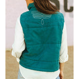 women's teal quilted vest with boot stitch pattern on front pocket & back yoke back view