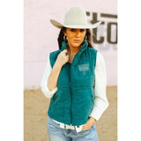 women's teal quilted vest with boot stitch pattern on front pocket & back yoke